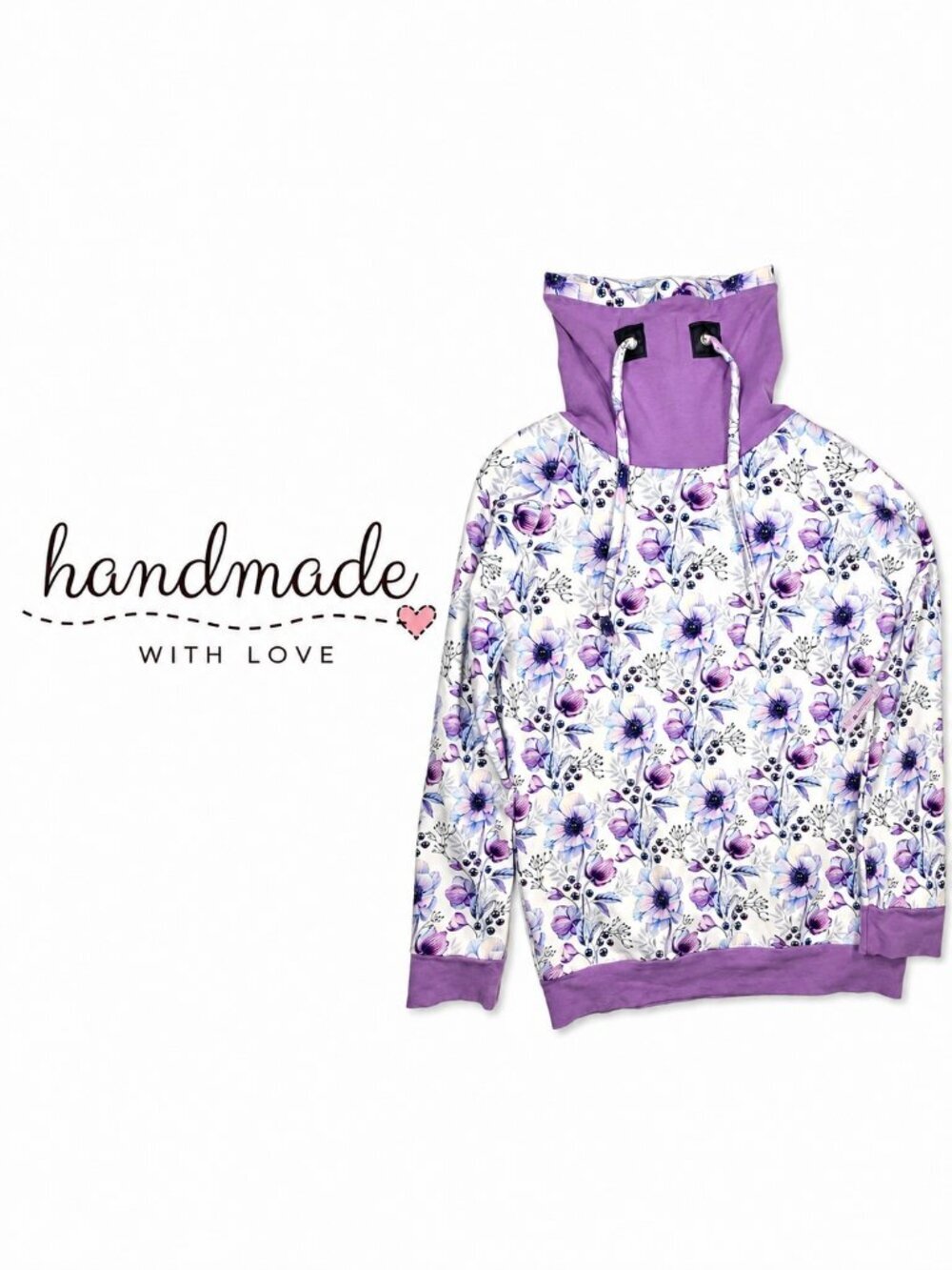 Handmade Kids Floral Hoodie Purple White Cowl Neck Size 8–10